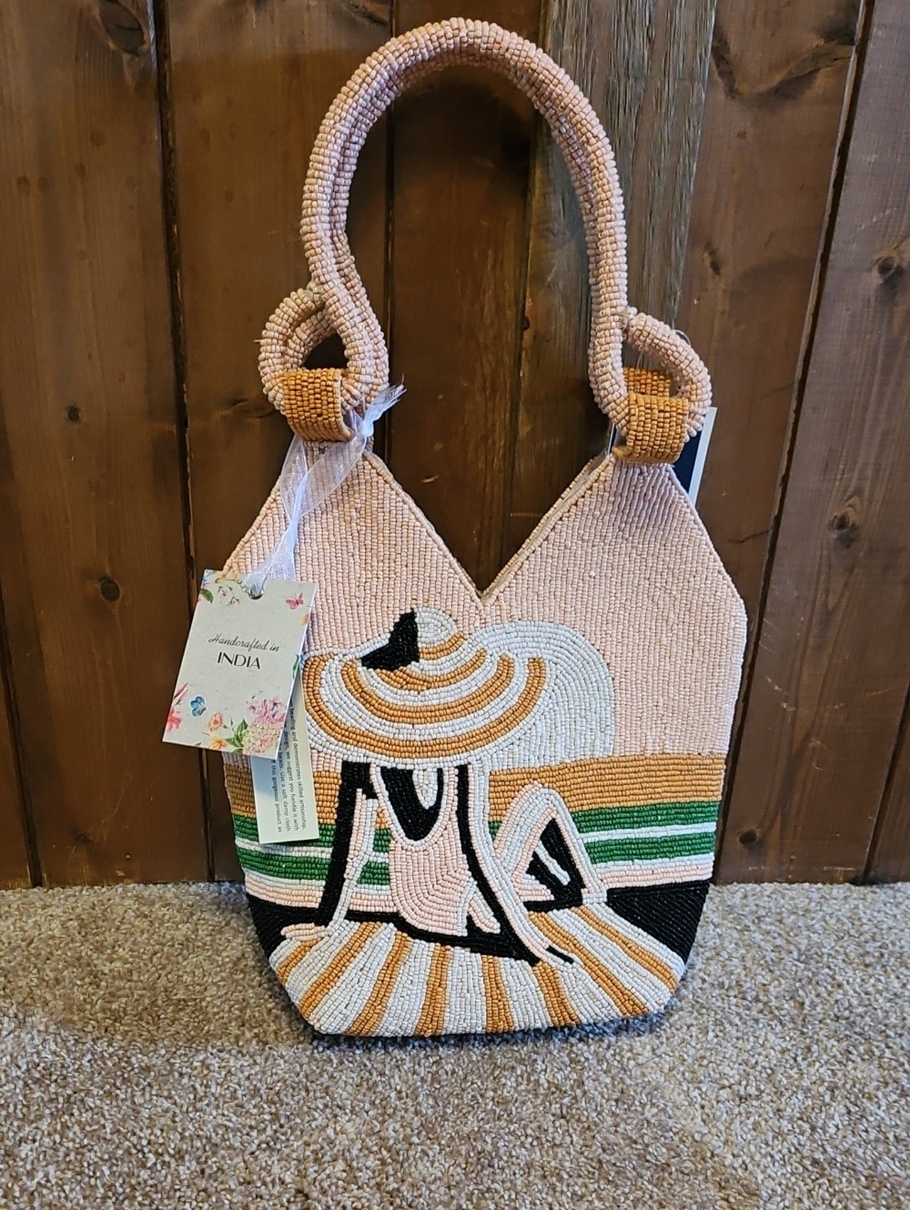 New To The Beaded World -Beaded Tote Bag with Seated Lady Design - Pink